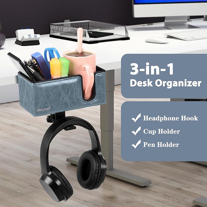 Desk Cup Holder Clip on Pen Holder Headphone Hanger Headset Stand Rotatable Clamp Hook Under Desk (Sky Blue)-DeskLoop Office
