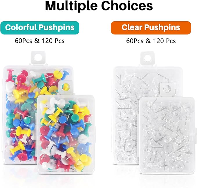 60Pcs Push Pins for Bulletin Board, Thumb Tacks for Cork Board, Clear Plastic Head, Steel Tip, Thumbtacks for Wall Poster Photo Maps Pictures Office Home Decor-DeskLoop Office