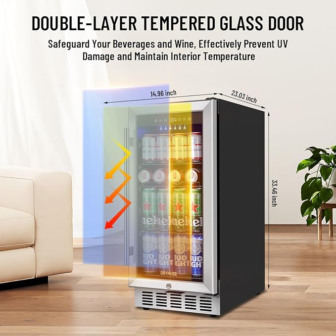 15 Inch Beverage Refrigerator, 130 Can Capacity Under Counter Fridge with Lock & Glass Door, Quiet Built-in or Freestanding Beer Cooler, Powerful Compressor for Fast Cooling-DeskLoop Office