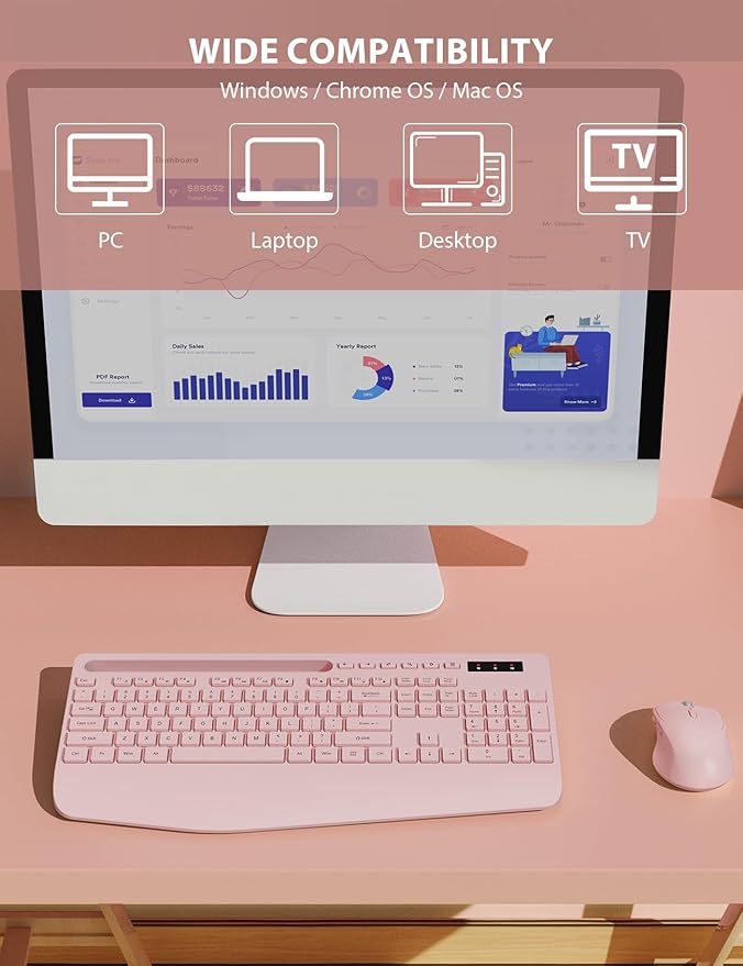 Wireless Keyboard and Mouse Combo - Full-Sized Ergonomic Keyboard with Wrist Rest, Phone Holder, Sleep Mode, Silent 2.4GHz Cordless Keyboard Mouse Combo for Computer, PC, Laptop, Mac, Windows -Trueque-DeskLoop Office