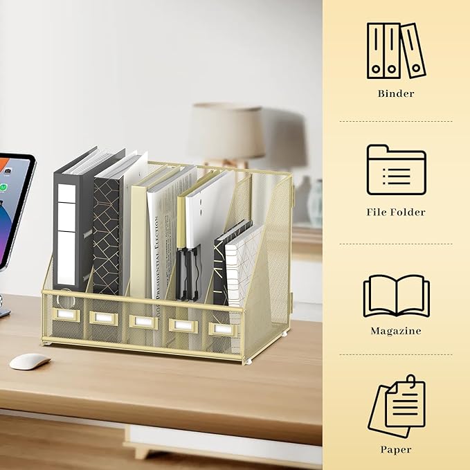 SUPEASY Desk Organizers Metal Desk Magazine File Holder with 5 Vertical Compartments Rack File Organizer for Office Desktop, Home Workspace, Golden Yellow, Plus-DeskLoop Office