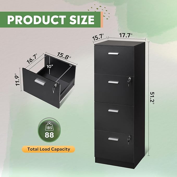 DEVAISE 4 Drawer File Cabinet with Lock, Vertical Filing Cabinet for A4/Letter Size Files, Wood Storage Organizer for Home Office, Black-DeskLoop Office