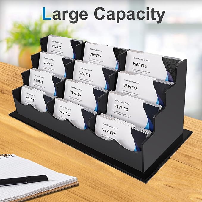 Business Card Holder, Acrylic Business Card Display, Clear Desktop Business Card Stand for Exhibition, Home & Office Black 4 Tiers 12 Slots-DeskLoop Office