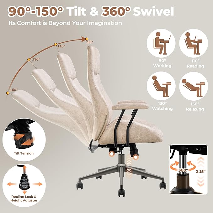 ovios Ergonomic Home Office Chair, Mid-Century Modern Faux Leather Chairs with Padded Armrests, Comfy High Back Swivel Rolling Executive Computer Armchair (Beige, Suede Leather)-DeskLoop Office