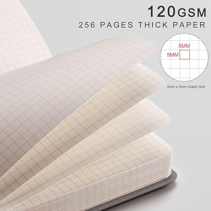 EMSHOI A5 Graph Paper Notebook - 256 Pages PU Leather Hardcover Journal, 120gsm Thick No-Bleed Grid Paper Notebook for Women Men Work School Math Engineering, 5.75" x 8.38" Khaki-DeskLoop Office