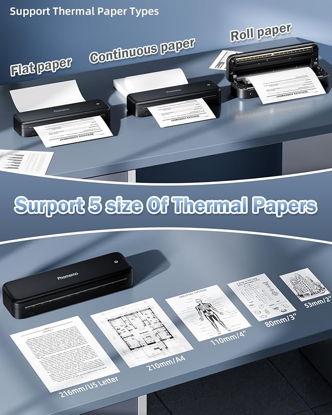 Phomemo M834 Portable Printer Wireless for Travel Upgraded, Bluetooth Thermal Printer 8.5" x 11"&A4, Compatible with iOS,Android & PC,Inkless Mobile Printers for Travel,Office,School,Home,Black-DeskLoop Office