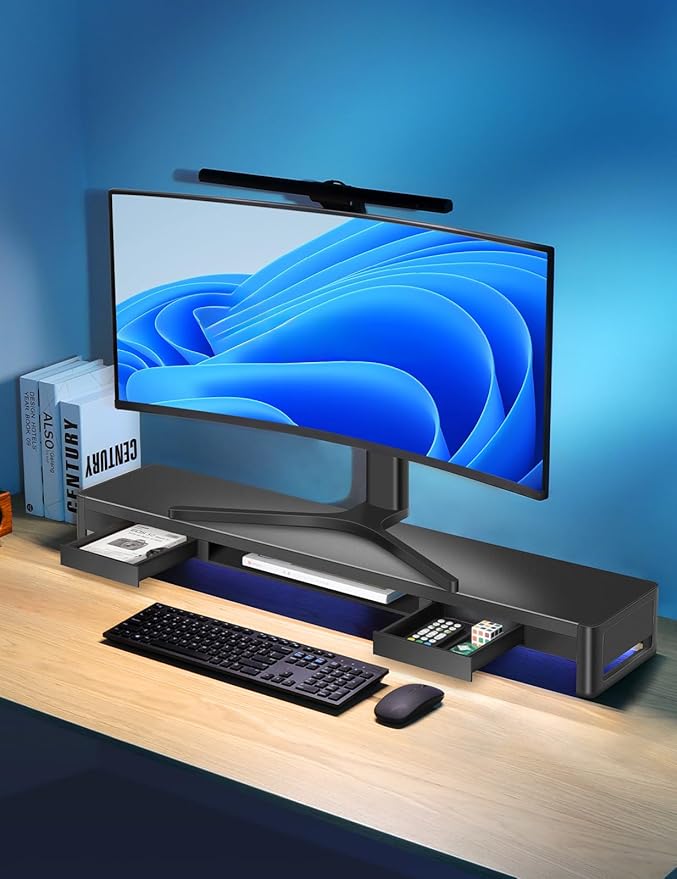 meatanty Dual Monitor Stand Riser with 2 Storage Drawers and 4 USB Ports, Metal Stand for 2 Monitors Supports Data Transfer and Charging, Desk Organizer for PC, iMac (38.7 inches)-DeskLoop Office