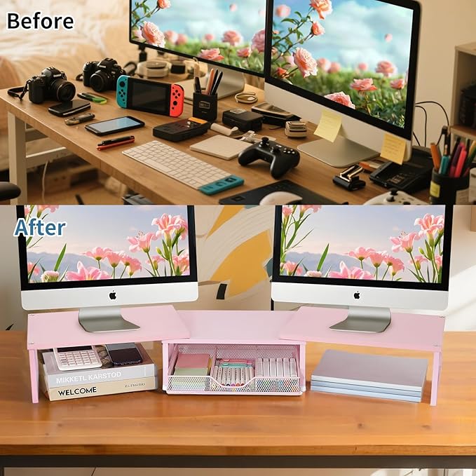 Dual Monitor Stand Riser, Desk Organizer with Drawer, Office Desk Organizers and Accessories, Office Workspace Organization Computer Monitor Stand for Laptop, Printer, TV(Pink)-DeskLoop Office