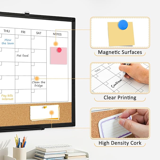 Large Dry Erase Calendar for Wall, 36"x24" Double-Sided Magnetic Whiteboard Calendar with Cork Board, Black Aluminum Frame Monthly White Board Memo Message Board for Office, Home, School-DeskLoop Office