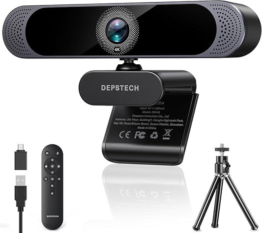 DEPSTECH 4K Webcam, Ultra HD 1/2.55'' Sony Sensor, 3X Digital Zoom, Dual Noise-Canceling Microphones, Remote Control, Auto Focus, Streaming Webcam for PC, Mac, Laptop, Video Call, Zoom, Skype, Teams-DeskLoop Office