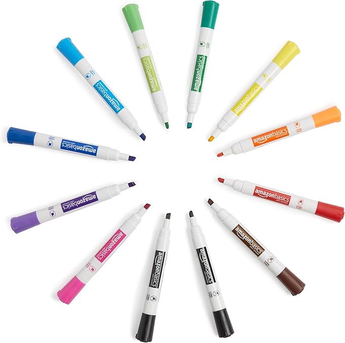 Amazon Basics Dry Erase Markers For Whiteboards, Chisel Tip, Low-Odor, Assorted Colors, Pack of 12-DeskLoop Office