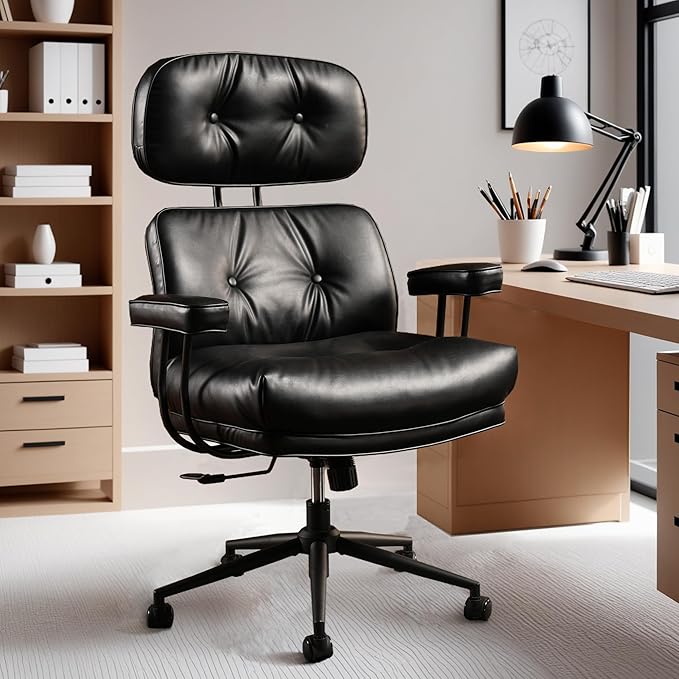 ovios Home Office Chair, Mid-Century Modern Faux PU Leather Chairs with Lumbar Support Comfy Thick Cushion, High Back Ergonomic Swivel Rolling Executive Armchair (Black, PU Leather)-DeskLoop Office