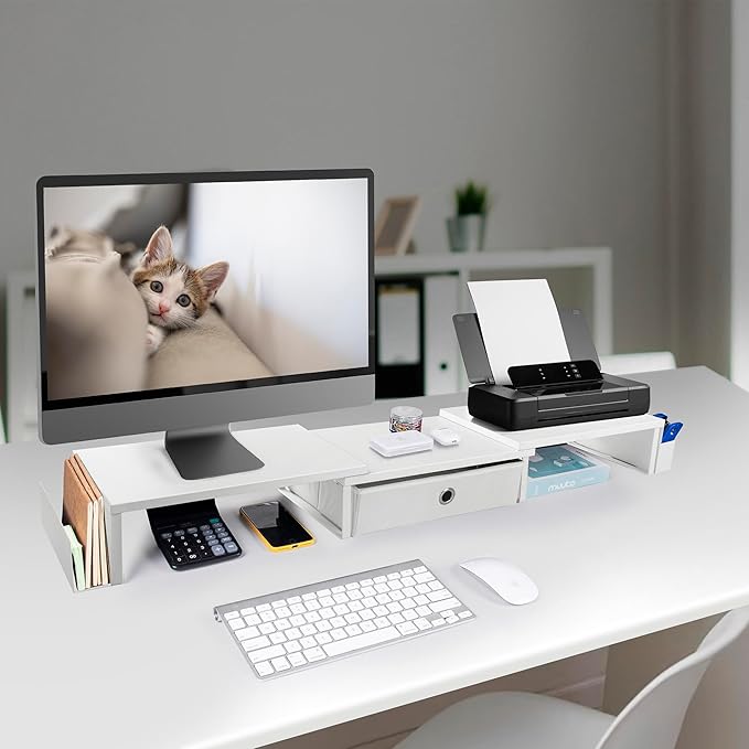 Dual Monitor Stand Riser w/ Drawer & Metal Leg, Large White Computer Monitor Riser w/ Storage For 2 Screens, Desk Shelf w/ Adjustable Length & Angle, Desktop Organizer-DeskLoop Office