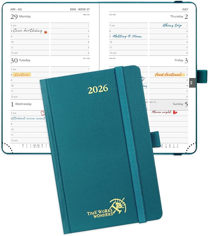 POPRUN 2026 Planner (Pocket Size 4''x 6.25'' Hardcover) - Small Calendar for Purse with Hourly Schedule & Vertical Weekly Layout, Monthly Calendars, 100 GSM - Pacific Green-DeskLoop Office