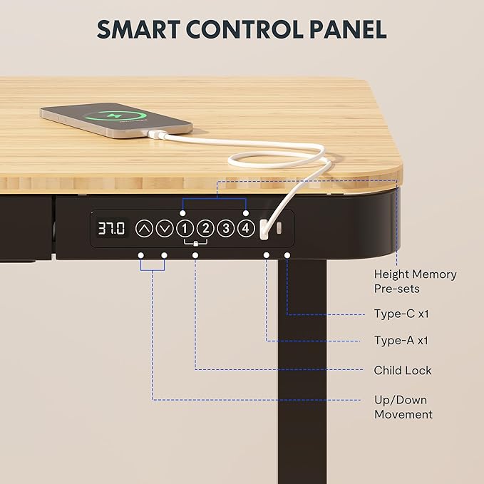 FLEXISPOT Comhar Electric Standing Desk with Drawer Desktop & Adjustable Frame w/USB Charge Ports (Bamboo Texture/Black, Wood)-DeskLoop Office