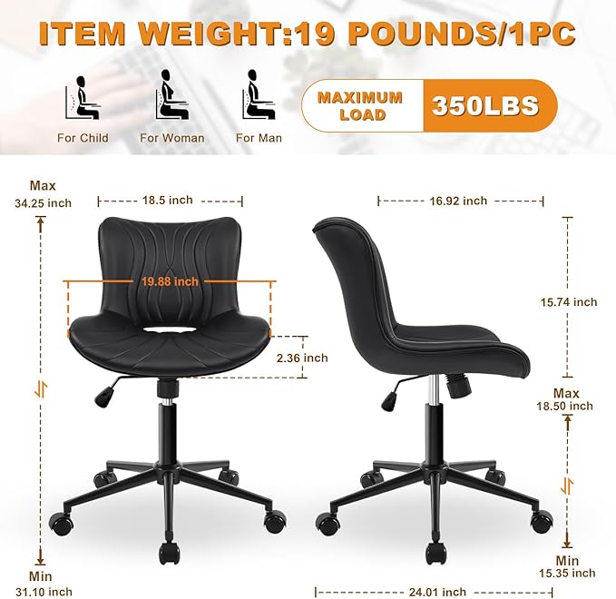 Office Chair, Armless Desk Chair with Wheels, Ergonomic Comfy Home Office Computer Task Chairs, Faux Leather Padded Cute Vanity Chair, Adjustable Height Swivel Chair with Back,Black-DeskLoop Office