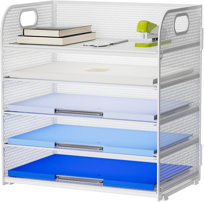 Marbrasse Paper Organizer Letter Tray, 5 Tier Mesh File Organizer with Handle, Paper Sorter Desk Organizer for Home Office Supplies - White-DeskLoop Office