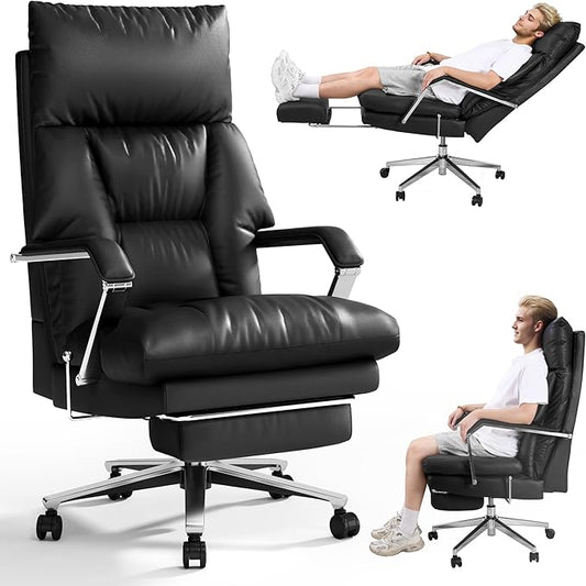 Reclining Office Chair with Footrest - 25.6" Wide Seat & Adjustable Seat Depth, Big and Tall High Back Leather Executive Home Office Desk Chair 400lbs, Black-DeskLoop Office