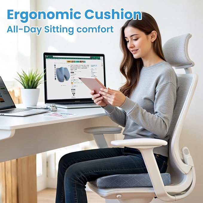 TushGuard Office/Car Seat Cushion, Non-Slip Sciatica & Back Coccyx Tailbone Pain Relief Chair Pad, Memory Foam Butt Pillow for Computer Desk, Wheelchair, Driving (Light Blue, XX-Large)-DeskLoop Office