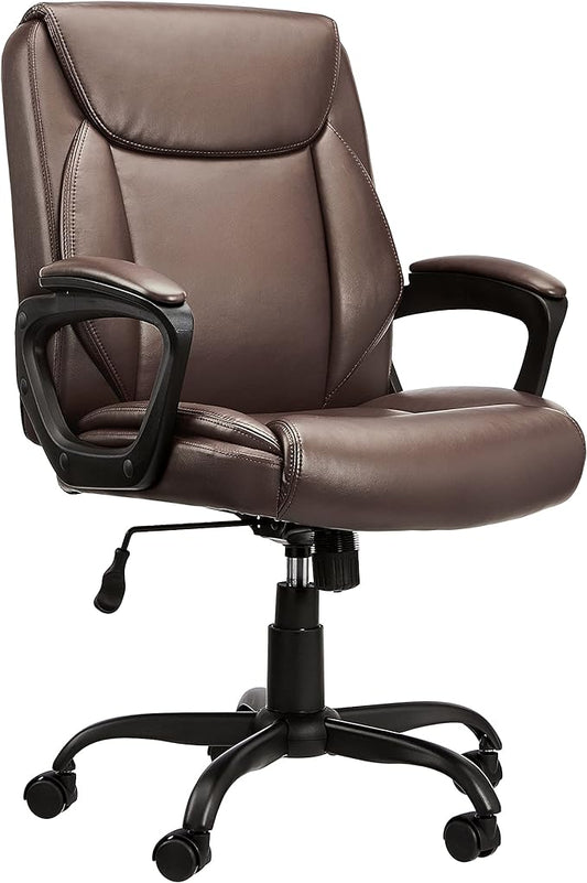 Amazon Basics Classic Puresoft PU Padded Mid-Back Height Adjustable Office Computer Desk Chair with Armrest, 25.75"D x 24.25"W x 42.25"H, Brown-DeskLoop Office