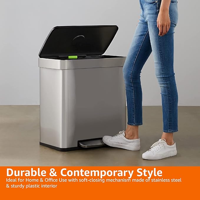 Amazon Basics Dual Compartment Recycling Trash Can with Soft-Close Lid and Removable Liner Buckets, 60 Liters, Rectangular, Grey, Silver-DeskLoop Office