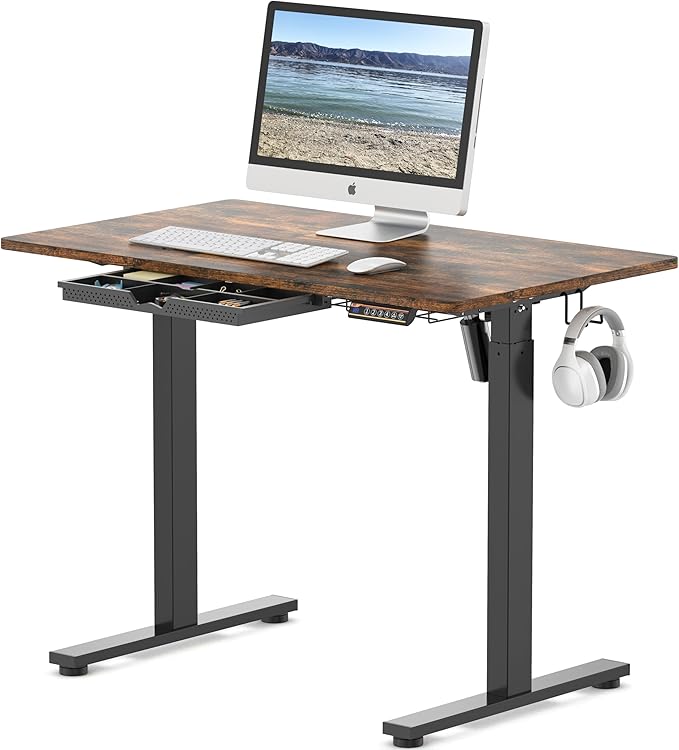 SHW 40-Inch Electric Height Adjustable Standing Desk with Drawer, Memory Preset and Cable Management Tray, Rustic Brown-DeskLoop Office