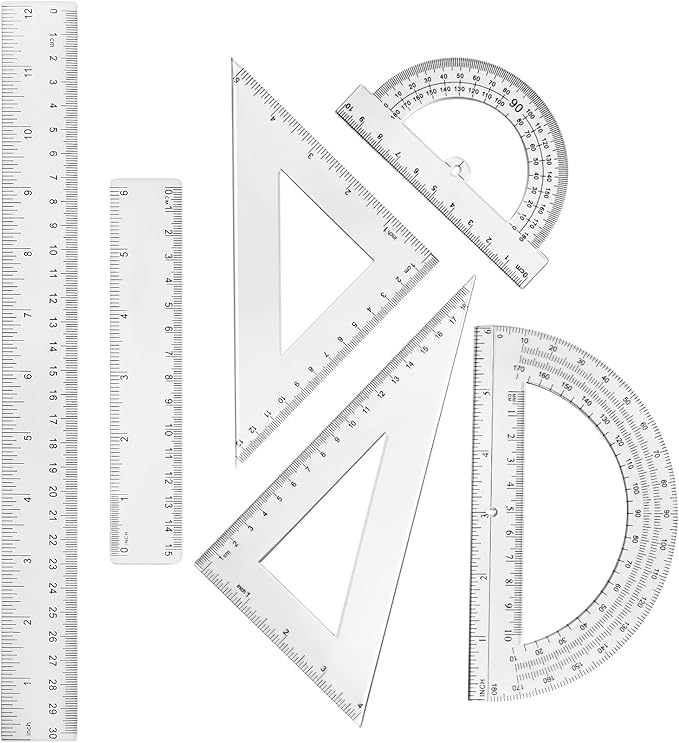 Tenare 6 Pcs Plastic Ruler Math Set Includes 12 Inch 6 Inch Straight Protractor Triangle Geometry Transparent Math Ruler Measuring Tools for School Office Home(Clear)-DeskLoop Office