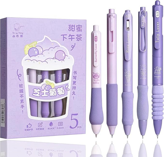 Cute Gel Pens 5Pcs Retractable Quick Dry Ink Pens 0.5mm Fine Point Black Ink Kawaii Smooth Writing Pens for School Office Supplies Aesthetic pretty pens (Purple ice cream)-DeskLoop Office