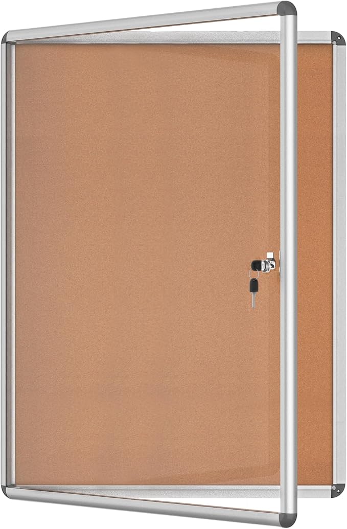 38"x28" Enclosed Bulletin Board, Lockable Weather-Resistant Aluminum Cork Noticeboard for School & Office, Silver Frame w/Cork-DeskLoop Office
