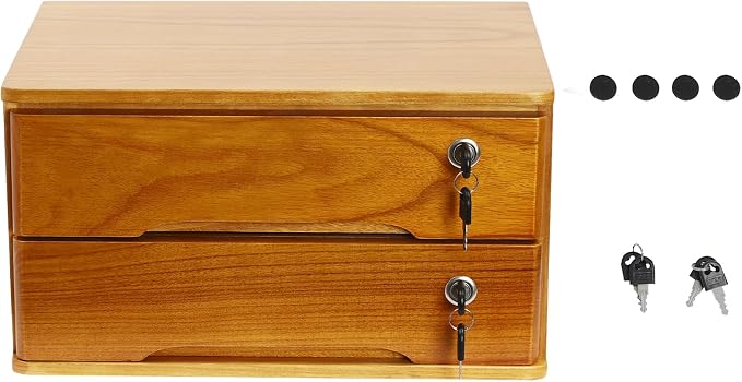 Lockable Desk Organizer Wooden Desktop Drawers Office Flat Files Storage Box - Image 9