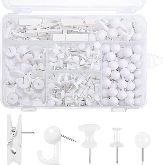 BESARME 200 Pieces Push Pins Set, 5 Types White Thumb Tacks Cute Decorative Push Pins for Wall Cork Board Bulletin Boards with Storage Box-DeskLoop Office