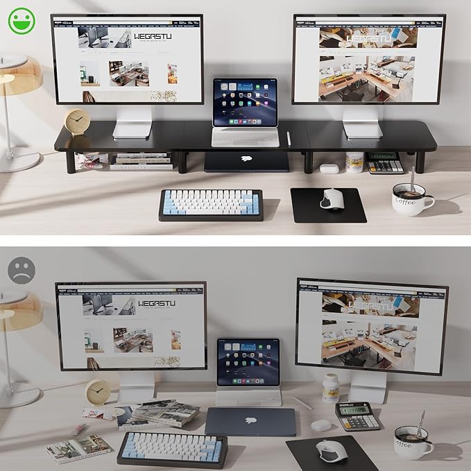 43.7" Extra Long Dual Monitor Stand Riser, Wood & Steel Monitor Stand for 2 Monitors, Wide TV Stand, Desktop Riser for Desk Organization, Home Office,Laptop,Printer,TV (Black)-DeskLoop Office