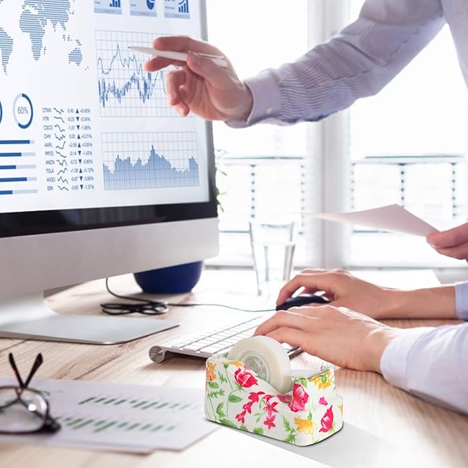 VIBRANZ-LAB Cute Tape Dispenser Desk Cute Home Office Desk Supplies Fun Desk Accessories Floral Tape Dispenser Cute Office Supplies for Women Desk Weighted Non-Skid Non-Slip Base Tape Dispensers-DeskLoop Office