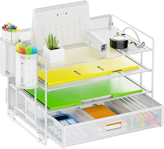 Marbrasse Desk Organizer and Accessories4-Tier Paper File Letter Tray Accessories & Workspace Desk Organizers with Drawer and 2 Pen Holders for School Home Office Supplies (White)-DeskLoop Office