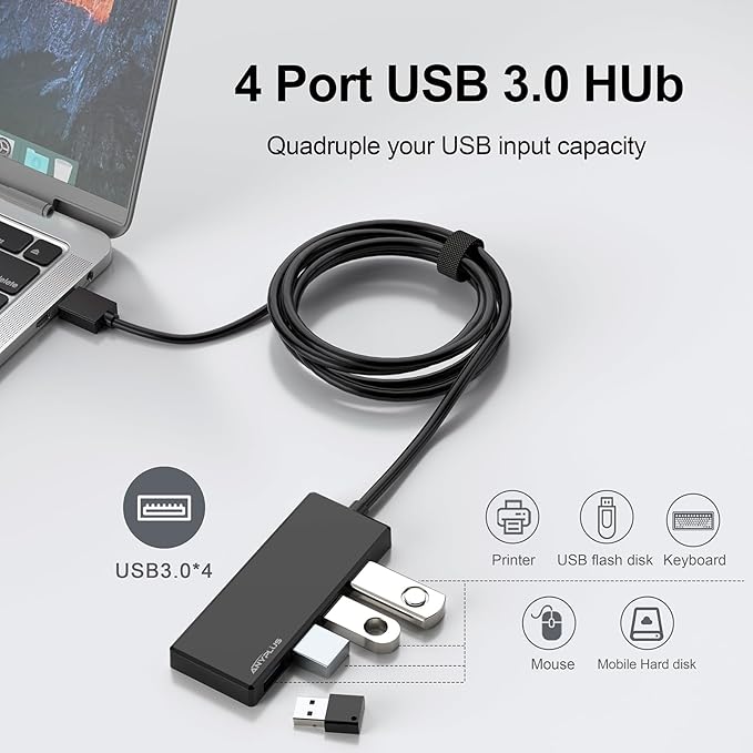 USB Hub, Multiport USB Splitter Adapter, 2 ft Long Cable USB 3.0 Hub, USB Extender for Laptop, PC, iMac, Surface Pro, MacBook, Mac Pro, Flash Drive, XPS, Mouse, HDD-DeskLoop Office