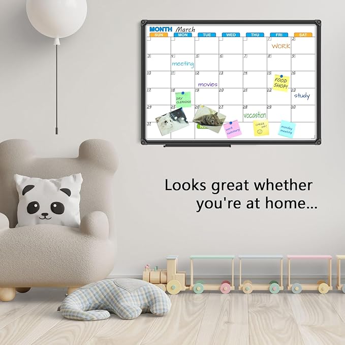 JILoffice Dry Erase Calendar Whiteboard - Magnetic White Board Calendar Monthly 24 X 18 Inch, Black Aluminium Frame Wall Mounted Board for Office Home and School-DeskLoop Office