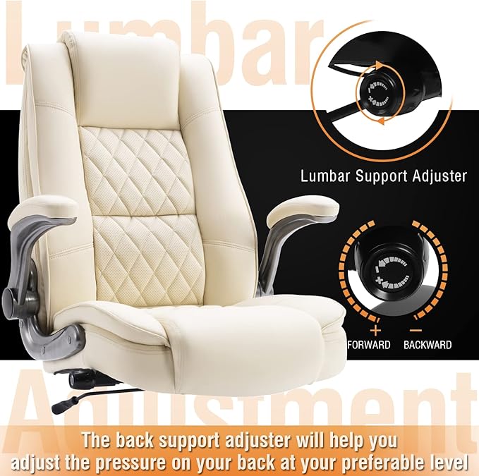EZAKI High Back Office Chair-Flip-up Arms Executive Computer Desk Chair, Built-in Lumbar Support Thick Padded Adjustable Rock Tension Ergonomic Design for Back Pain (Beige)-DeskLoop Office