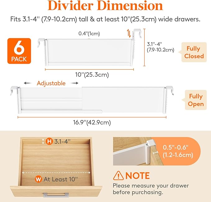 Lifewit Hanging Kitchen Drawer Dividers 3.1" High, 10-17" Adjustable Drawer Organizers for Utensils, Expandable Dresser Separators in Kitchen/Bedroom/Bathroom/Vanity/Office, White(6 Pack)-DeskLoop Office