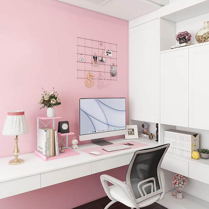 ELITEROO Desktop Shelf, Aesthetic Desk Organizer Table Top Mini Bookshelf, 3 Tier Wooden Desk Supplies Organizers and Storage Stand Cubicle Accessories for Women Office, Pink-DeskLoop Office