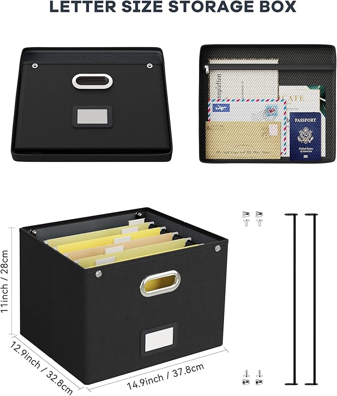 Oterri File Organizer Box with Lid,Large Hanging Filing Box with Mesh Pocket, Document c for Letter Files, Portable Storage Case with Smooth Sliding Rail for Office&Home (1 PCS, Black)-DeskLoop Office