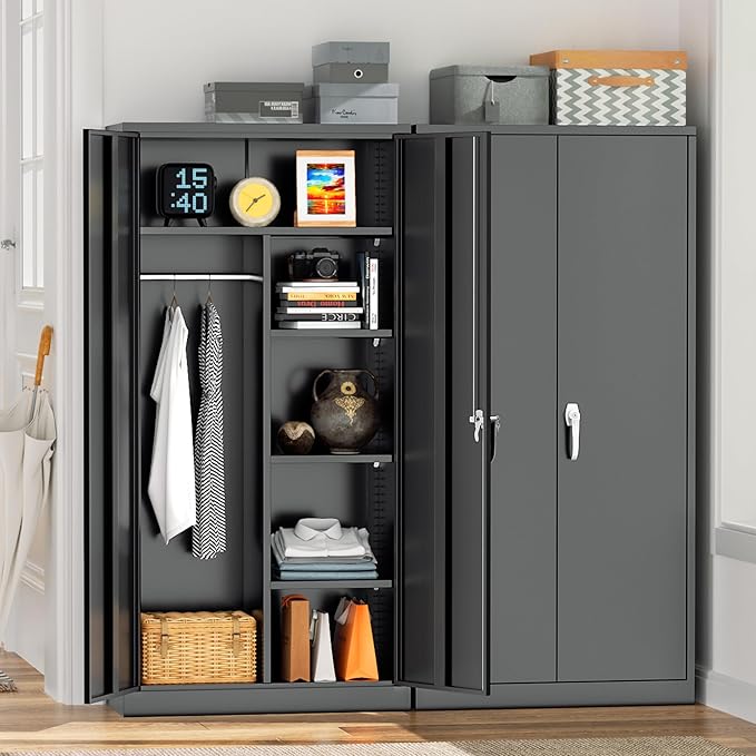 Greenvelly Metal Storage Cabinet with Lock Door,72" Locking Steel Storage Wardrobe Cabinet,Employees Locker Closet Clothing Coat Steel Wardrobe Cabinet with Hanging Rod for Garage,Home Office,Gym-DeskLoop Office