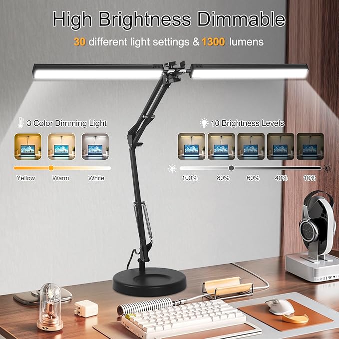 2-in-1 LED Desk Lamp, 24W Brightestwith Table Lamp with Clamp, Desk Light with Flexible Swing Arm,3 Color Modes Stepless Dimmable Double Head Architect Desk Lamps for Home Office Workbench Reading-DeskLoop Office