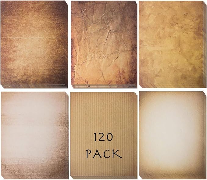 120 Aged Paper - Antique Looking Vintage Papers With Classic Aged Paper Designs - Six Unique Old Looking Paper Designs - Vintage Printing paper, Vintage Writing Paper, 8.5 x 11 inches (Pack of 120)