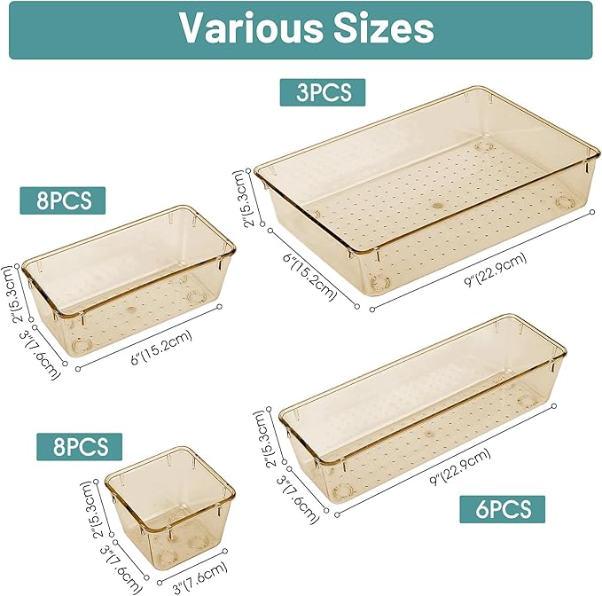 WOWBOX 25 PCS Plastic Drawer Organizer Set, 4 Sizes Desk Drawer Divider Organizers and Storage Bins for Makeup, Jewelry, Gadgets for Kitchen, Bedroom, Bathroom, Office, Clear Champagne-DeskLoop Office