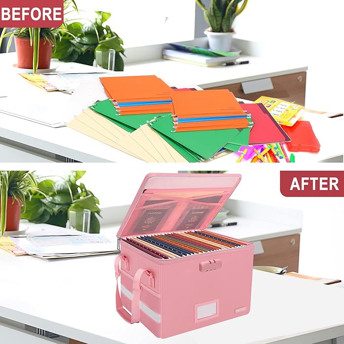 ENGPOW File Box with Lock, Fireproof Document Box with Zipper&Pockets, Collapsible File Organizer Filing Storage Cabinet with Handle, Portable Home Office Safe for Hanging Letter/Legal Folder, Pink-DeskLoop Office