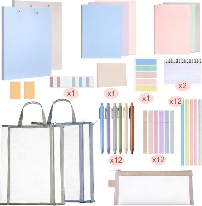 Colarr 54 Pieces Aesthetic School Supplies Including Pastel Highlighters Document Bags Pencils Notebooks Pencil Pouch Ink Pens Sticky Notes Erasers Back to School Gift Stationary Kit Supplies(Morandi)-DeskLoop Office