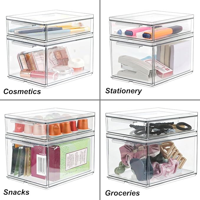 Set of 2 Stackable Storage Drawers - 6.7" Clear Plastic Drawer Storage, Acrylic Makeup Organizer, Desk Counter Cabinet Office Organizer, Bathroom Organizers and Storage (Modern/Set of 2)-DeskLoop Office