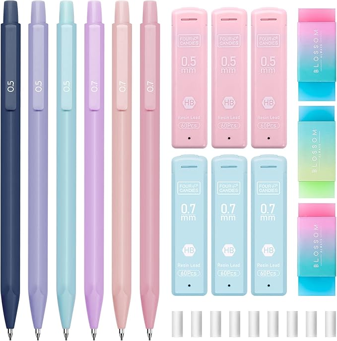 Four Candies Cute Mechanical Pencil Set, 6PCS Pastel Mechanical Pencils 0.5 & 0.7mm with 360PCS HB Leads, 3PCS Erasers and 9PCS Eraser Refills, Aesthetic School Supplies for Girls Writing-DeskLoop Office