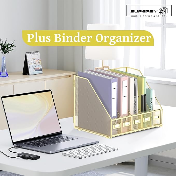 SUPEASY Desk Organizers Metal Desk Magazine File Holder with 5 Vertical Compartments Rack File Organizer for Office Desktop, Home Workspace, Gold Plus-DeskLoop Office