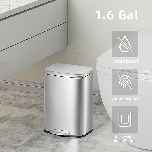 KUK 1.6 Gallon Small Bathroom Trash Can with Lid, 6L/1.6 Gal Office Step Garbage Can for Home, Bathroom, Bedroom, Office, Brushed Stainless Steel-DeskLoop Office